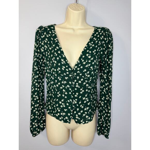 Reformation Nell Top V Neck Annette print Green Floral Long Sleeve Sz M - Picture 2 of 14